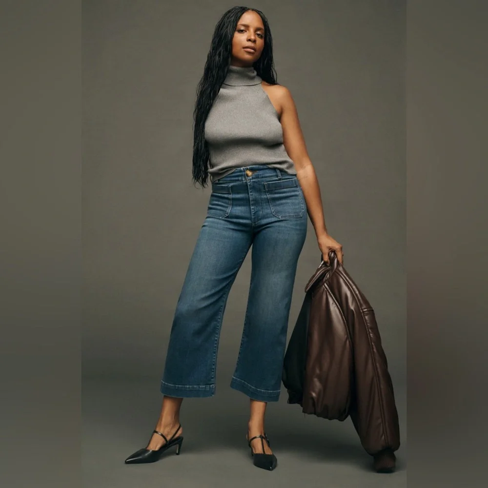 Maeve Anthropologie The Colette Wide-Leg Crop Patch Pocket Jeans Tall 32T - Picture 3 of 12